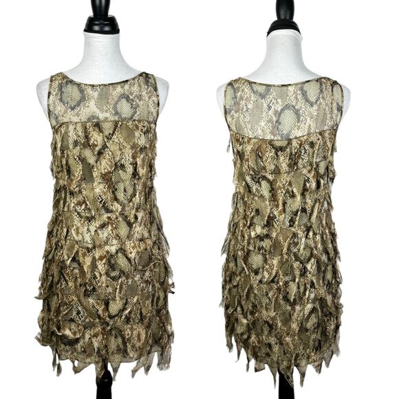 Worth | Petites Tan & Brown Snakeskin Reptile Tiered Frayed Silk Sheath Dress - Picture 1 of 8
